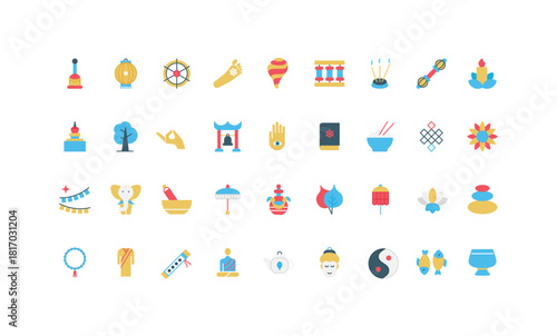 Buddhism, Buddhist religion and offering, pagoda temple and dharma wheel, Buddha color icon set. Monk and chaplet to pray, endless knot and yin yang, incense sticks symbol flat vector illustration