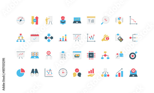 Business analysis, data analytics of expert, AI solutions dashboard color icon set. Stock market trend and graph board presentation, math research on correlation, alternatives flat vector illustration