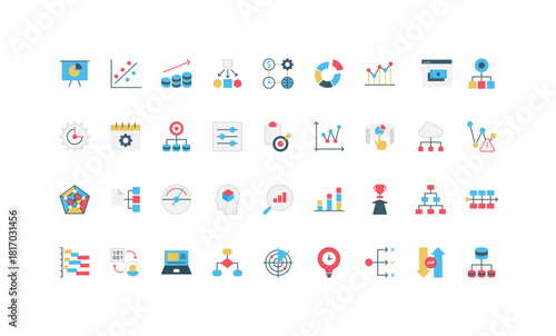 Business intelligence, dashboard chart report and data research, accounting settings color icon set. Graph, diagram and presentation to analyze solution, benchmark analysis flat vector illustration