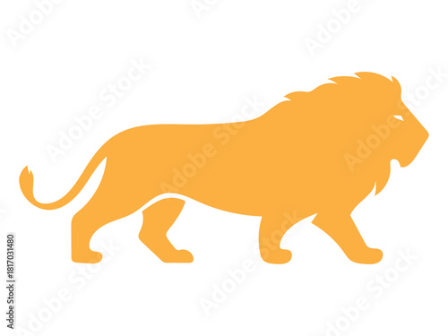 Golden lion silhouette walking, majestic animal isolated on white background