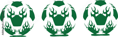 Three green soccer balls with flame design, vector illustration