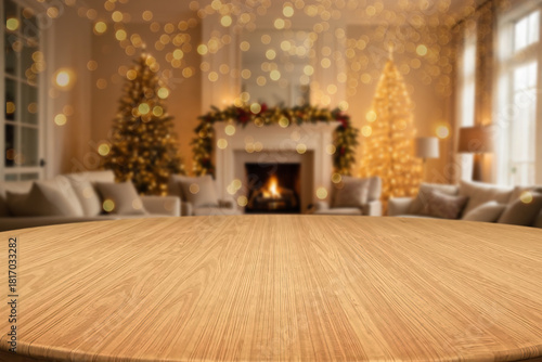 Blur Cozy Christmas interior with fireplace, decorated tree, and wooden tabletop