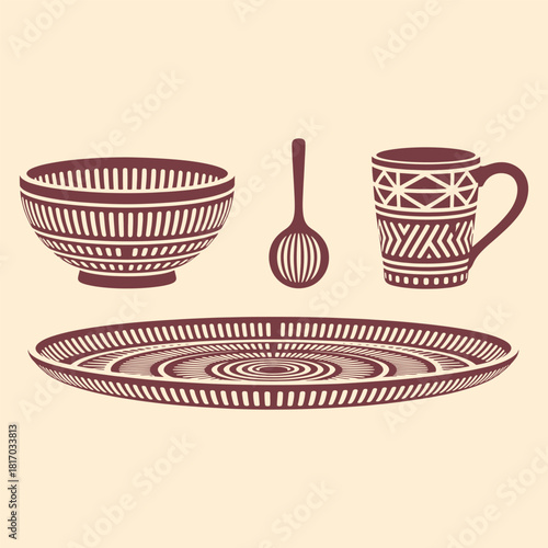 Dark red patterned bowl cup spoon and platter on cream background dishware