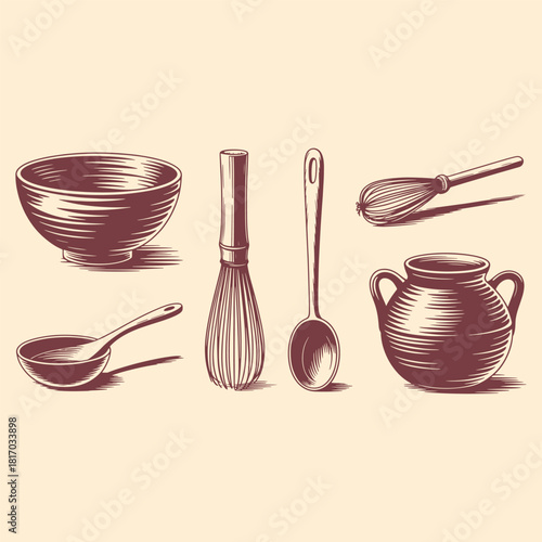 Vintage kitchen utensils including a bowl whisk spoon and pot with hatching kitchenware cooking