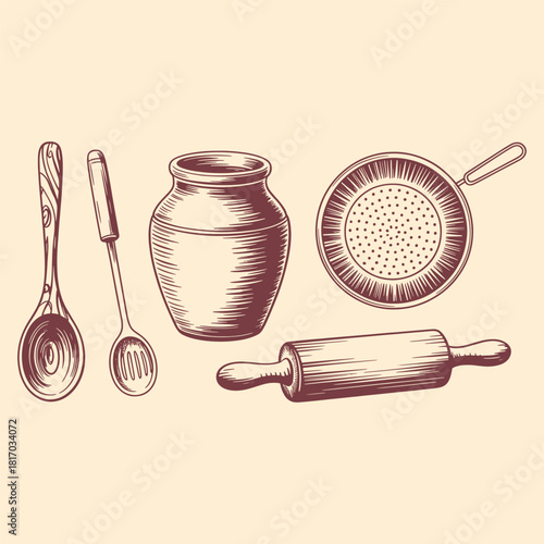 Vintage kitchen utensils including a jar a rolling pin a slotted spoon and a serving spoon kitchenware