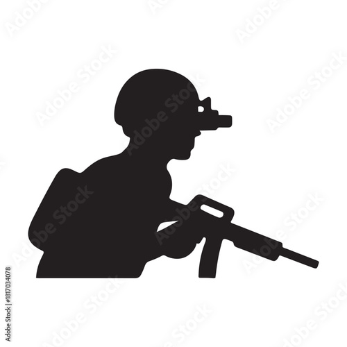 Soldier Silhouette with Rifle, Military Troop Icon, Tactical Combat Silhouette, Army Soldier Vector, Night Vision Helmet Illustration