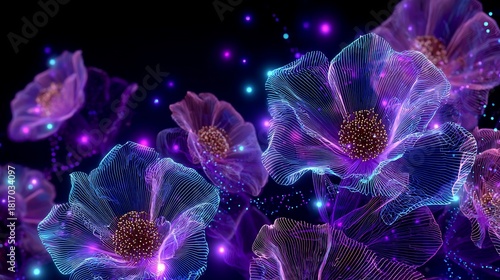 Glowing, abstract wireframe flowers on dark background with small light orbs.