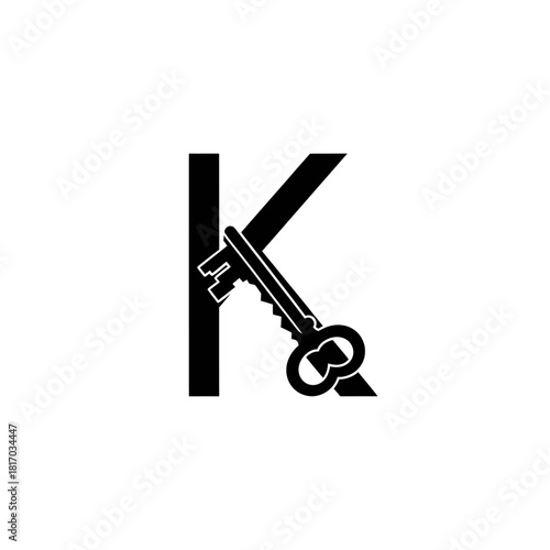 Black Key Graphic - Key-shaped Letter K, Vintage Style, Ornate Design, Security Symbol.