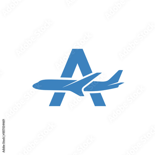 Blue Airplane Silhouette Integrated with Letter A, Minimalist Aviation Logo Design.