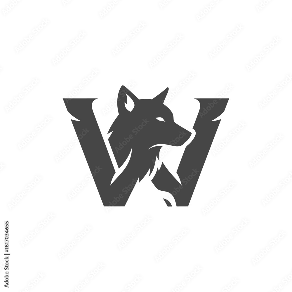 Obraz premium Bold, dark gray letter W logo with a chiseled texture, featuring an integrated wolf head profile.