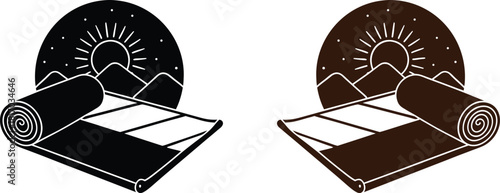 Two stylized camping illustrations feature mountains, a rising sun, and rolled mats, one in black and the other in brown.