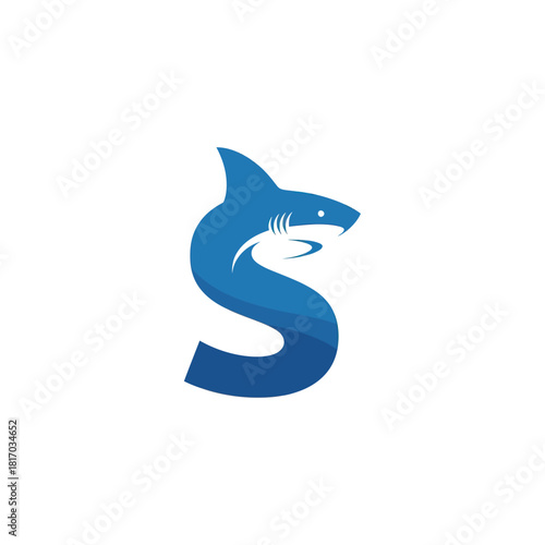 Blue Shark Silhouette in S Shape, Marine Predator Logo Design.