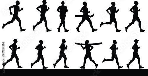 Title: Dynamic Silhouettes of Male Marathon Runners Racing Across Finish Line Vector Set, Diverse Running Poses and Athlete Actions for Sport Fitness Exercise Training and Healthy Lifestyle Concepts