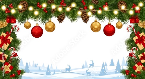 Christmas frame with ornaments, pine cones, gifts, candy canes and winter landscape view