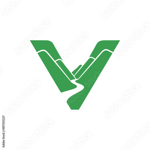 Green Mountain Valley Logo with River in V Shape, Minimalist Design.