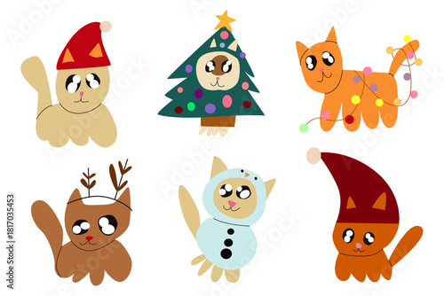 Christmas cat characters dressed as Santa, reindeer, snowman and Christmas tree. Cute set for stickers, greeting cards, children’s poster and festive designs.