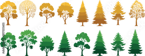 Vector Collection of Deciduous and Coniferous Trees Silhouettes in Green and Autumn Colors, Minimalist Stylized Forest Park Nature Icon Set, Plant and Foliage Outline Design 