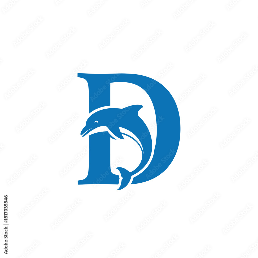 Fototapeta premium Stylized blue letter D logo featuring a leaping dolphin integrated within its curved form, creating a unique aquatic initial.