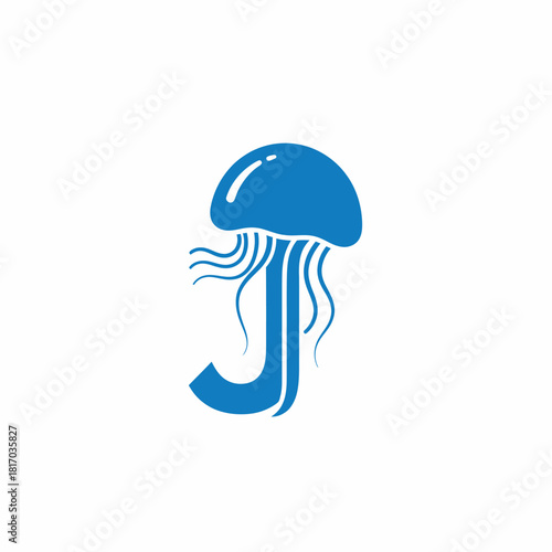 Stylized Blue Jellyfish Icon with Tentacles and Bell Shape, Aquatic Creature.