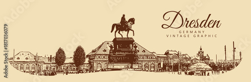 City ancient architecture, Dresden, Germany. Vintage brown and beige graphics, engraved, vector. Old retro design.