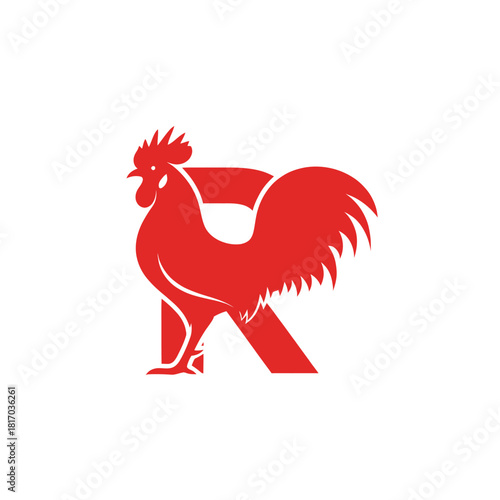 Stylized Red Rooster Logo with Comb, Wattle, and Tail Feathers, Standing Proudly.