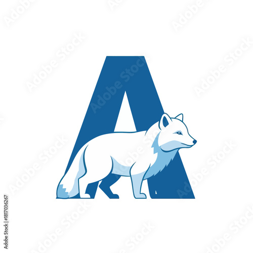 Stylized white arctic fox illustration standing in front of a bold blue letter A, logo design.