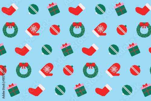 Seamless pattern with Christmas wreaths, balls, gifts, socks, and mittens in pixel art style. Vector illustration.