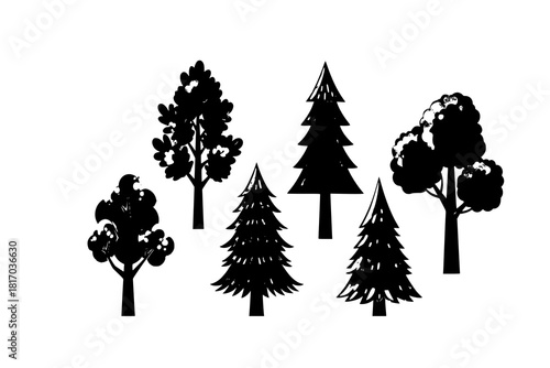 Cartoon tree. Simple flat forest flora, coniferous and deciduous meadow trees, oak pine Christmas tree isolated plants. Vector set illustration agricultural garden and nature park plant