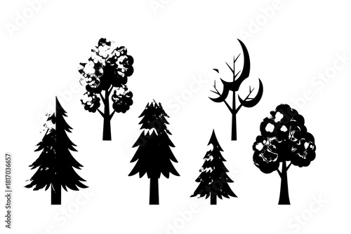 Cartoon tree. Simple flat forest flora, coniferous and deciduous meadow trees, oak pine Christmas tree isolated plants. Vector set illustration agricultural garden and nature park plant