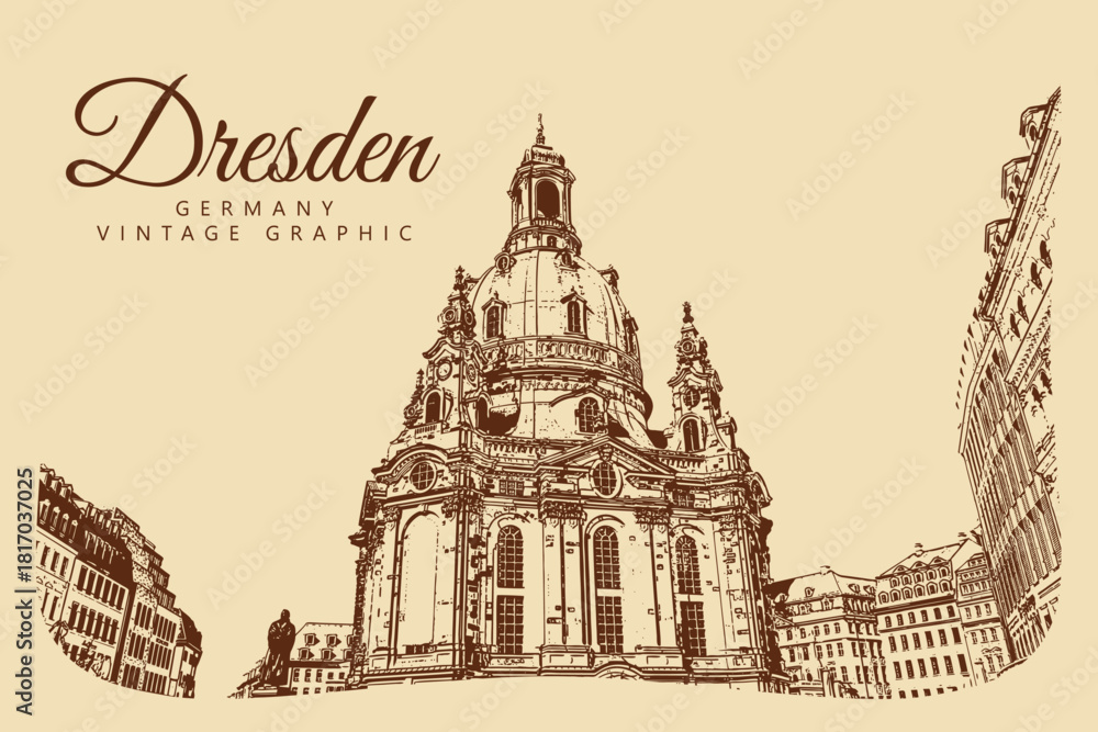 Naklejka premium City ancient architecture, Dresden, Germany. Vintage brown and beige graphics, engraved, vector. Old retro design.