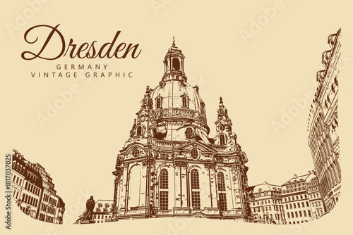 City ancient architecture, Dresden, Germany. Vintage brown and beige graphics, engraved, vector. Old retro design.