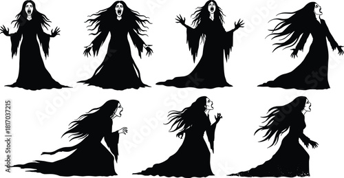 creepy ghost woman silhouette set with haunting poses, screaming expressions, paranormal horror character illustrations