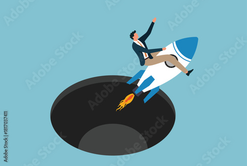 Vector illustration of a businessman riding a rocket as it escapes a deep pit, symbolizing overcoming setbacks, rising above challenges, and turning risky moments into powerful breakthroughs
