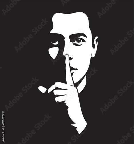 A stark black and white stencil-style illustration of a man's face, with his finger pressed to his lips in a shushing gesture.