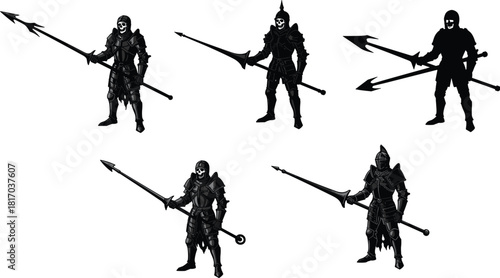 Dark armored spear warriors in fantasy battle poses, gothic medieval fighter illustration set for digital artwork