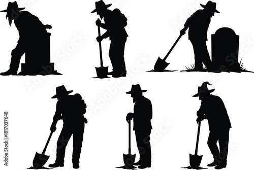 Silhouette gravedigger figures working with shovels in cemetery scene, vintage style labor illustration set design