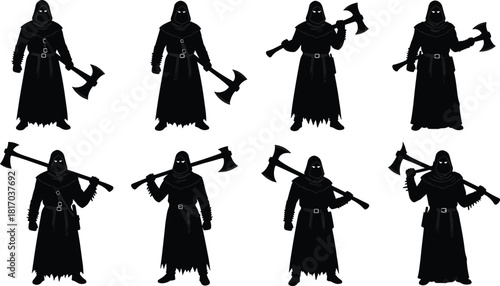 Dark hooded executioner warriors holding battle axes in intimidating silhouette style for fantasy horror illustration design