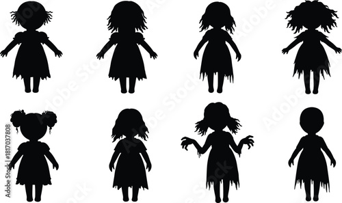 Creepy doll girl silhouettes in tattered dresses, spooky horror character set for Halloween graphic designs