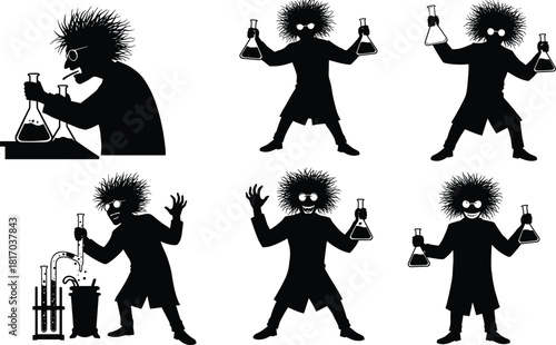 Mad scientist silhouette characters mixing chemicals, crazy laboratory experiment poses for science fiction graphic designs