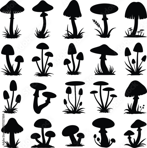 Mushroom silhouette collection, black fungi shapes, botanical vector, cap styles, stem variations, nature icons, fungus design, forest elements, grouped mushrooms