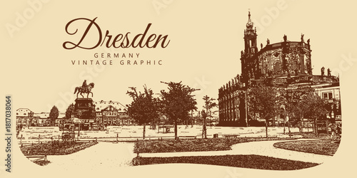 City ancient architecture, Dresden, Germany. Vintage brown and beige graphics, engraved, vector. Old retro design.