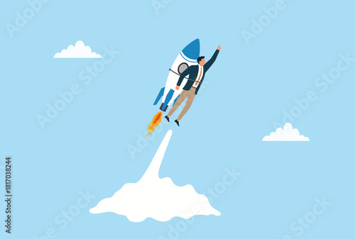 Vector illustration of a businessman soaring upward with a rocket strapped to his back, symbolizing rapid growth, ambition, powerful progress, and launching confidently toward success
