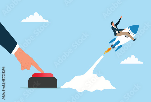 Vector illustration of a businessman launching upward on a rocket after a button press, symbolizing rapid growth, quick success, motivation, and a powerful start toward new opportunities