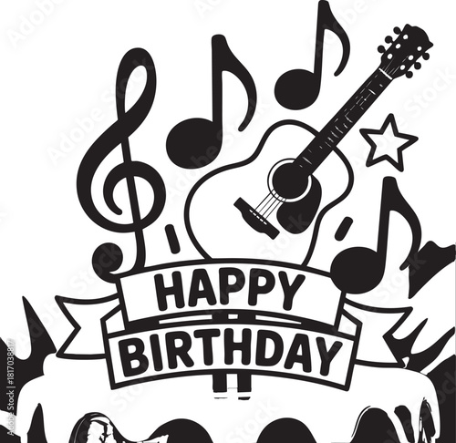 A festive cake topper featuring a guitar, musical notes, and a happy birthday banner, perfect for a music lover's celebration.