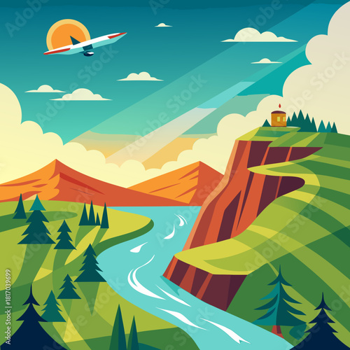 Soaring above breathtaking landscapes with a modern airplane, imagine adventure and a picturesque getaway with lush scenery and a vibrant horizon, ideal for travel inspiration