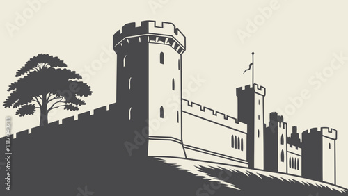Warwick Castle – Minimal Medieval Silhouette, Clean British Landmark Design, Modern Historic Architecture Vector Illustration