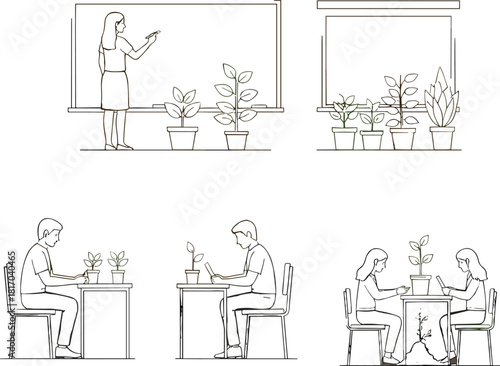 People with plants, indoor gardening activity, educational scene, potted plant interaction, vector illustration, flat style, cad drawing, classroom concept
