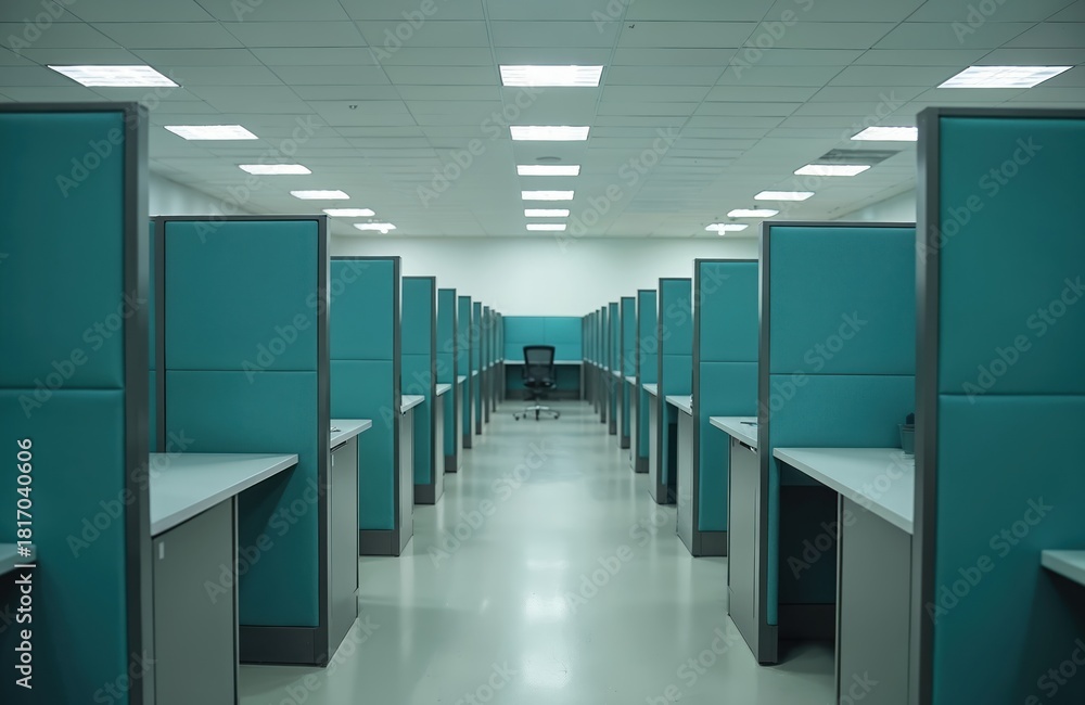 Fototapeta premium Empty corporate office space. Rows of cubicles stand ready, awaiting workers. A quiet work area setup, neat in its cleanliness. Modern design meets functional layout for employee work space.