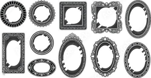 Set of vintage ornate picture frames in black silhouette, flat vector illustration, CAD drawing style, decorative border collection for design projects