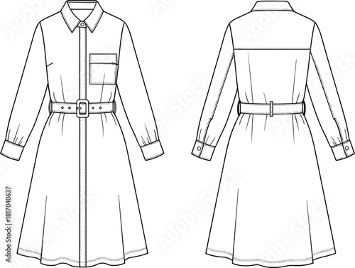 Shirt dress sketch, long sleeve fashion flat, belted waist design, button front detail, cad drawing flat vector illustration